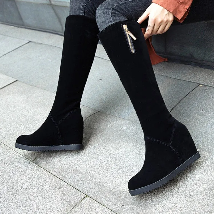 Women's Flock Round Toe Zippers Wedge Heel Knee High Boots