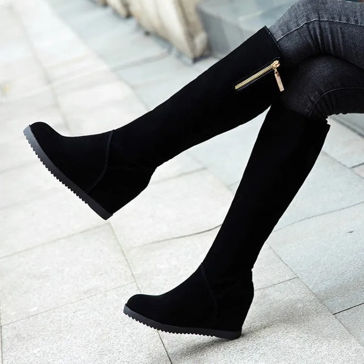 Women's Flock Round Toe Zippers Wedge Heel Knee High Boots