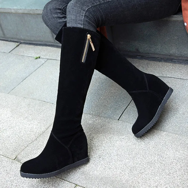 Women's Flock Round Toe Zippers Wedge Heel Knee High Boots