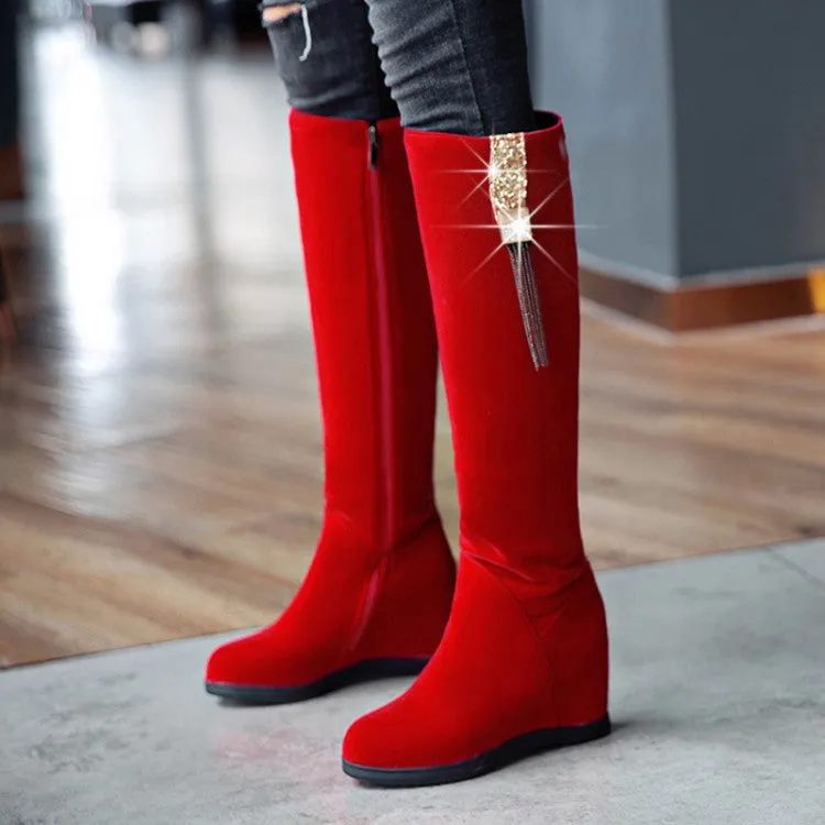 Women's Flock Sparkling Rhinestone Tassel Wedge Heel Knee High Boots