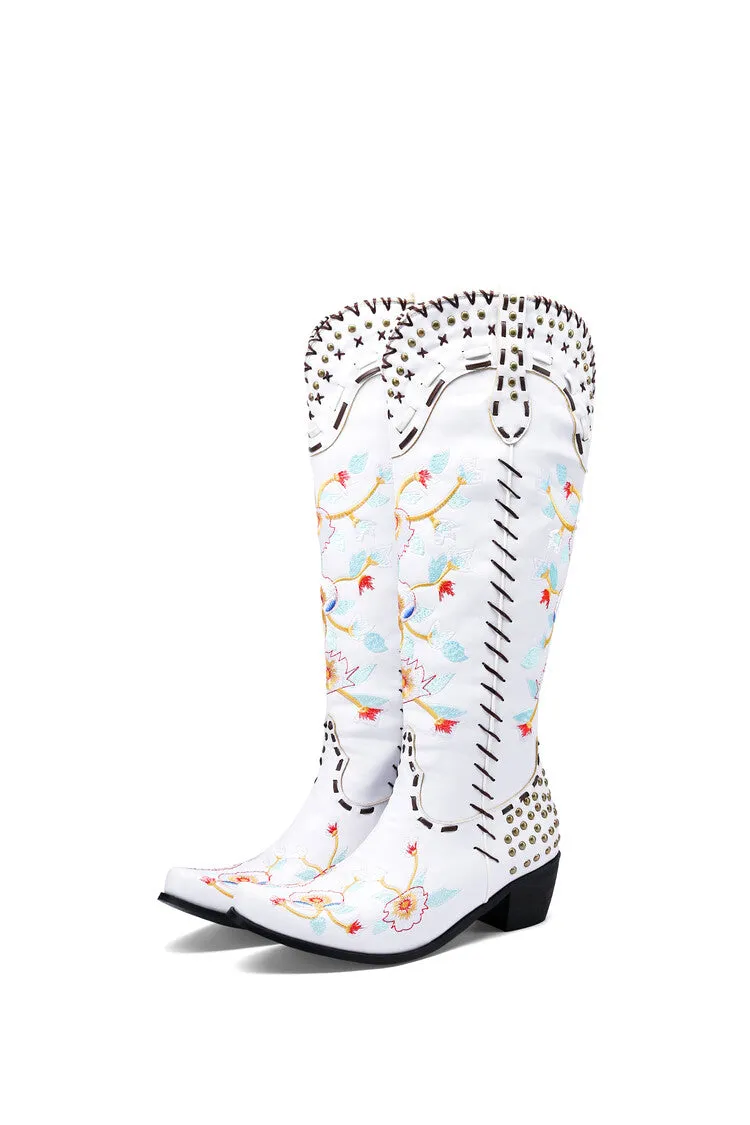 Women's Flora Embroidery Puppy Heel Cowboy Knee High Boots