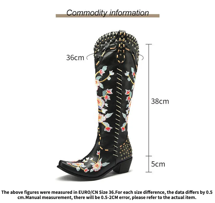 Women's Flora Embroidery Puppy Heel Cowboy Knee High Boots