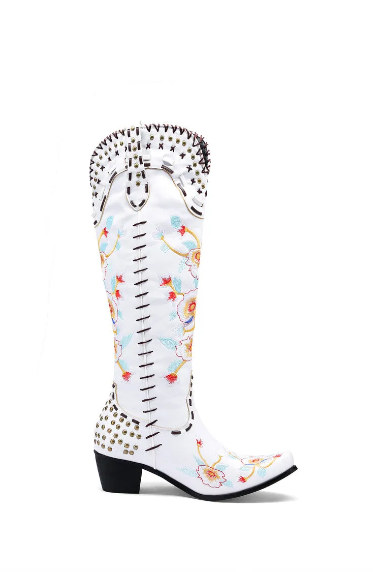 Women's Flora Embroidery Puppy Heel Cowboy Knee High Boots