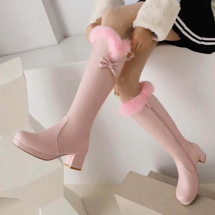 Women's Fur Pearls Block Heel Platform Knee-High Boots