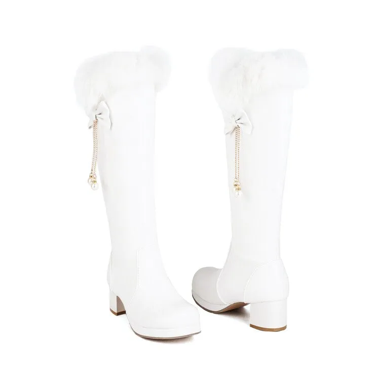 Women's Fur Pearls Block Heel Platform Knee-High Boots