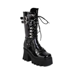 Women's Glossy Metal Buckle Straps Lace Up Block Chunky Heel Platform Mid-calf Boots