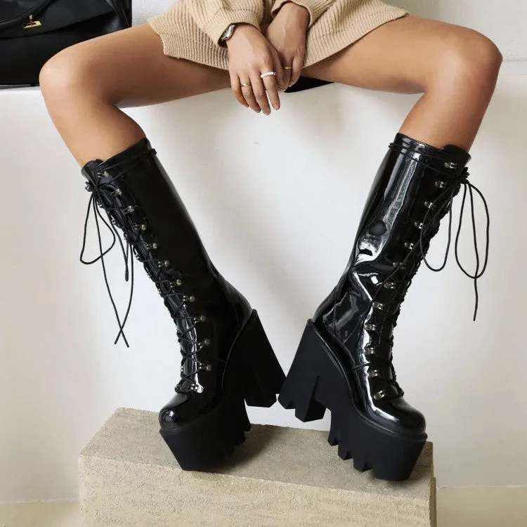 Women's Glossy Round Toe Lace Up Block Chunky Heel Platform Mid-calf Boots