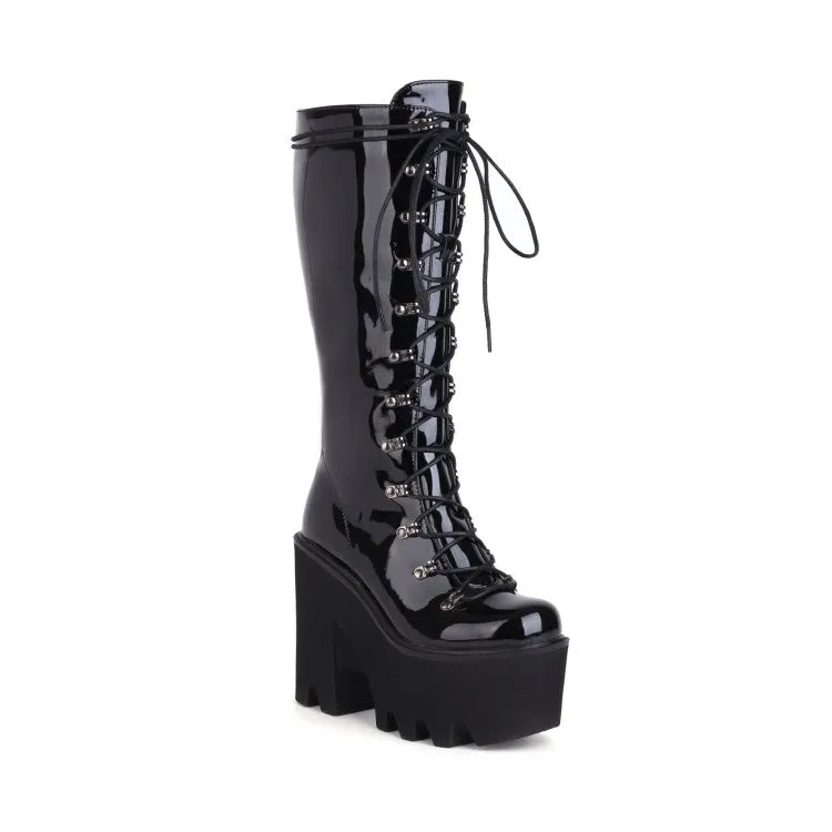 Women's Glossy Round Toe Lace Up Block Chunky Heel Platform Mid-calf Boots