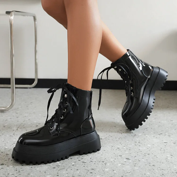 Women's Glossy Round Toe Lace Up Flat Platform Ankle Boots