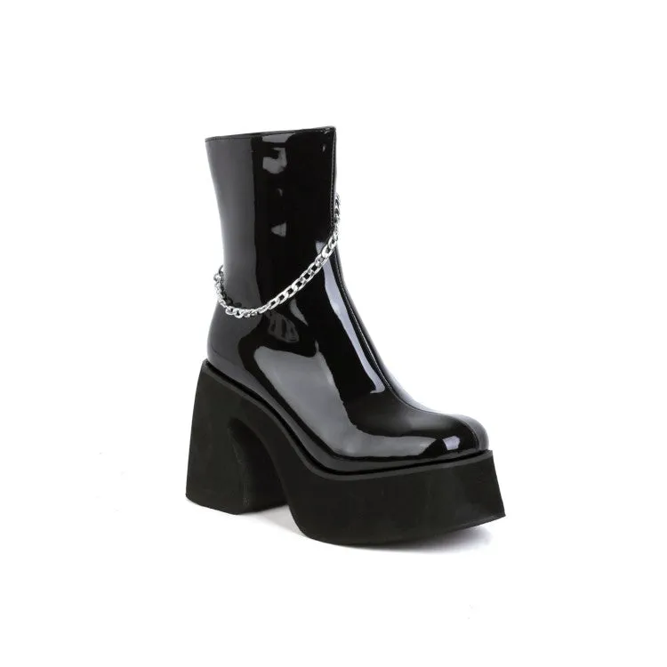 Women's Glossy Round Toe Metal Chains Side Zippers Block Chunky Heel Platform Short Boots