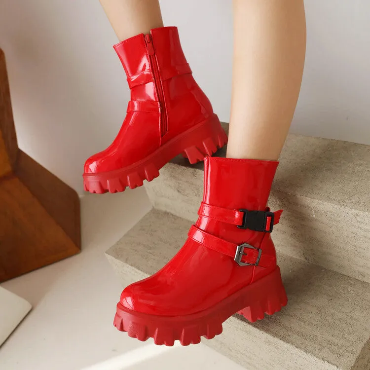 Women's Glossy Round Toe Side Zippers Buckle Straps Block Chunky Heel Platform Short Boots