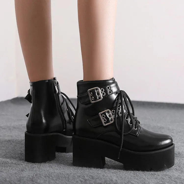 Women's Glossy Round Toe Side Zippers Buckle Straps Lace Up Block Chunky Heel Platform Short Boots