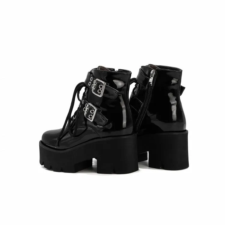 Women's Glossy Round Toe Side Zippers Buckle Straps Lace Up Block Chunky Heel Platform Short Boots