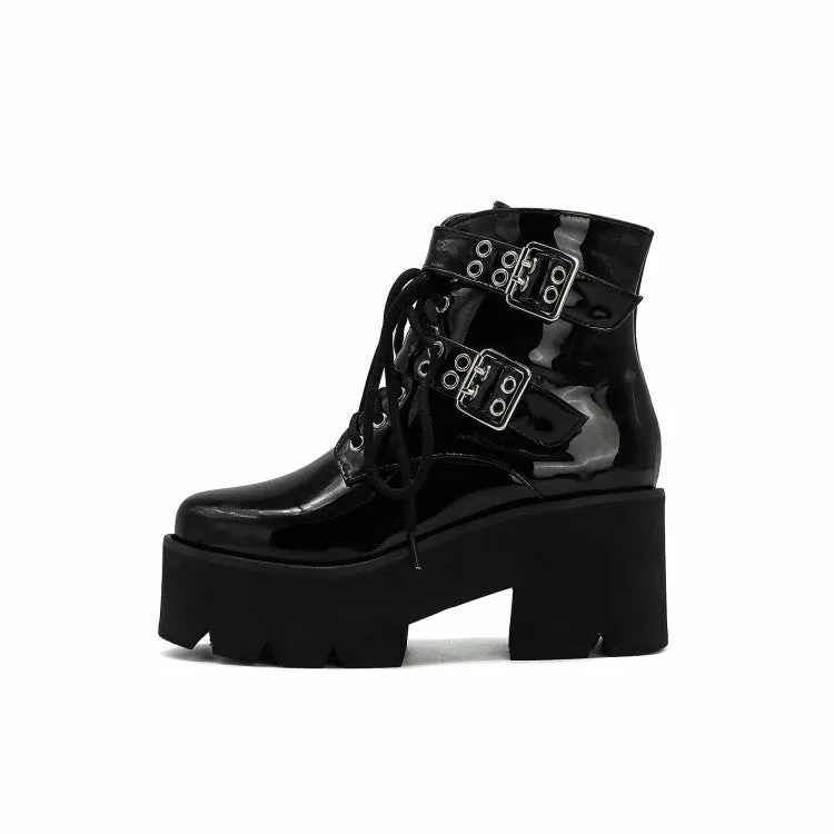 Women's Glossy Round Toe Side Zippers Buckle Straps Lace Up Block Chunky Heel Platform Short Boots