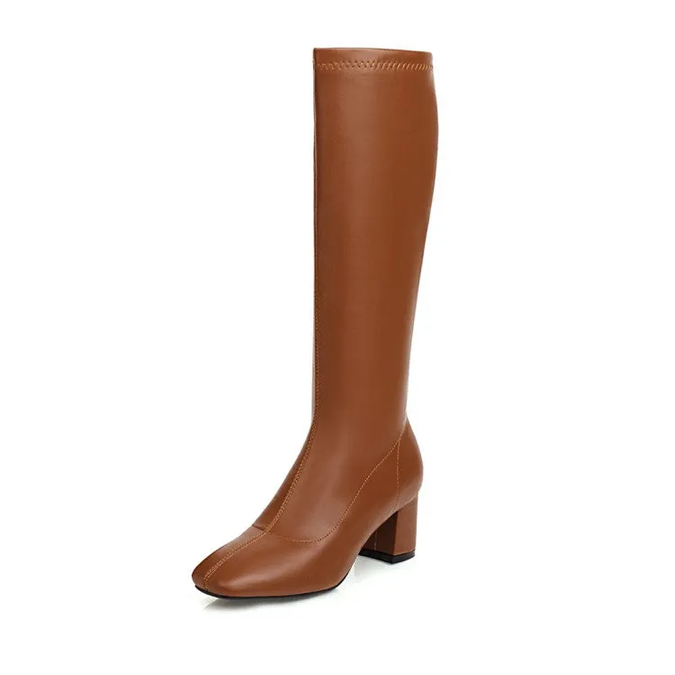 Women's Glossy Side Zippers Chunky Heel Knee-High Boots