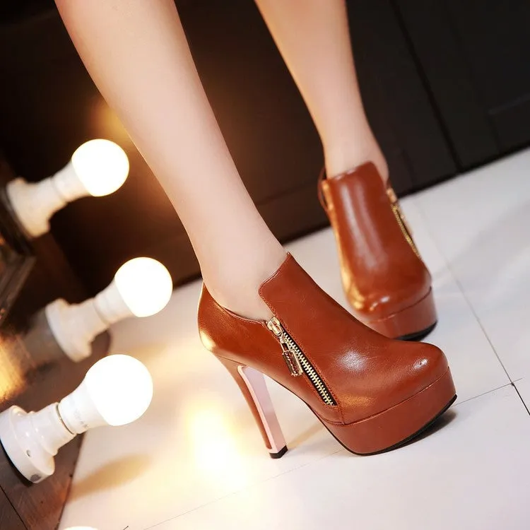 Women's Glossy Side Zippers Chunky Heel Platform Short Boots