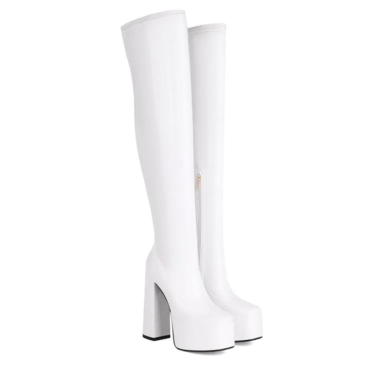 Women's Glossy Side Zippers Square Toe Chunky Heel Platform Over-The-Knee Boots