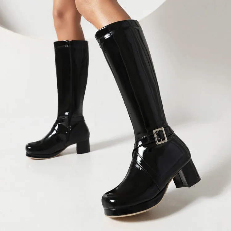 Women's Glossy Square Toe Buckle Straps Block Chunky Heel Platform Knee-High Boots