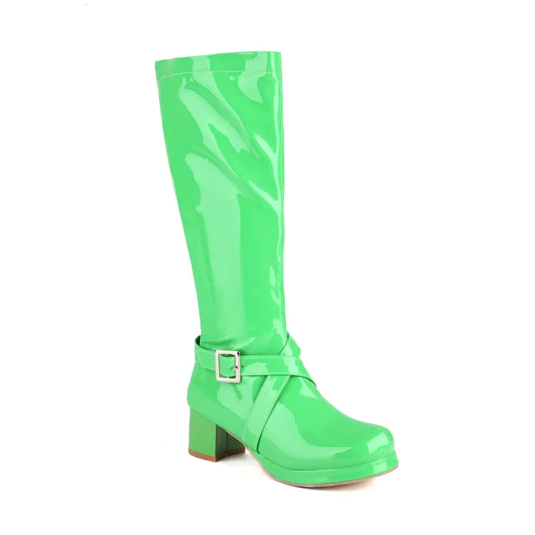 Women's Glossy Square Toe Buckle Straps Block Chunky Heel Platform Knee-High Boots