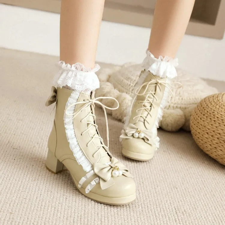 Women's Lace Bow Tie Pearls Block Chunky Heel Ankle Boots