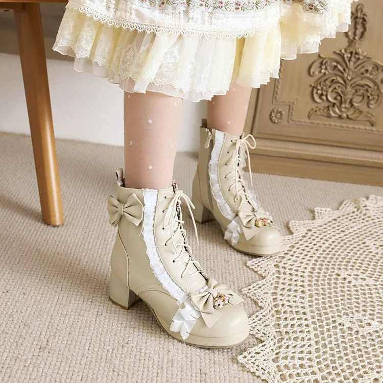 Women's Lace Bow Tie Pearls Block Chunky Heel Ankle Boots