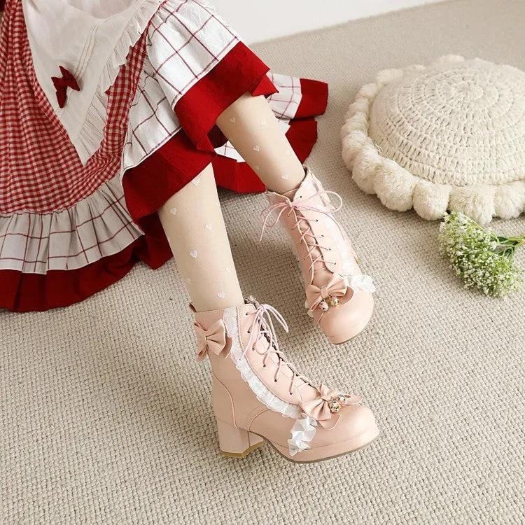 Women's Lace Bow Tie Pearls Block Chunky Heel Ankle Boots