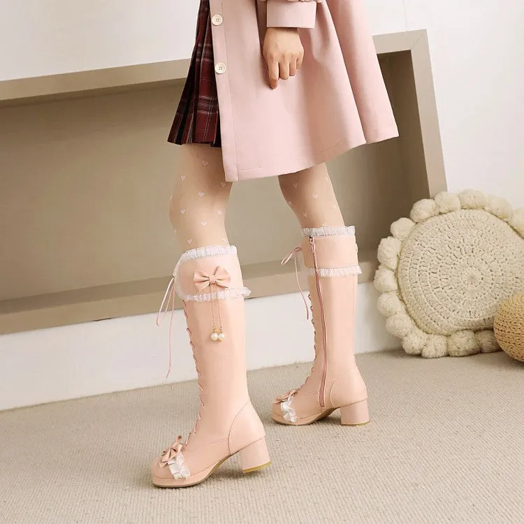 Women's Lace Bow Tie Pearls Tied Straps Block Chunky Heel Knee-High Boots