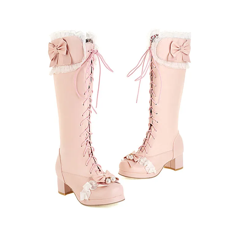 Women's Lace Bows Block Heel Platform Knee-High Boots