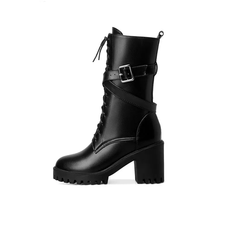 Women's Lace Up Buckle Straps Block Heel Platform Mid Calf Boots