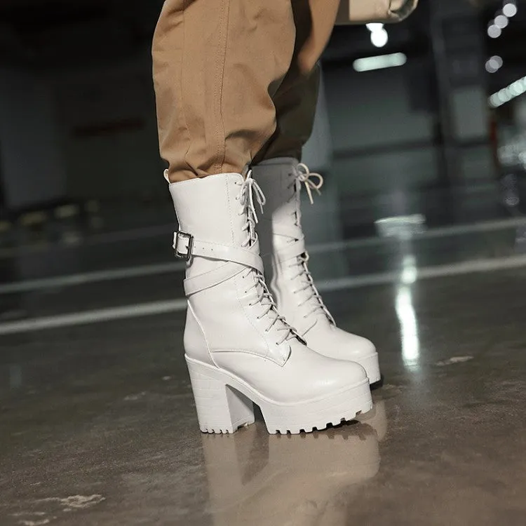 Women's Lace Up Buckle Straps Block Heel Platform Mid Calf Boots