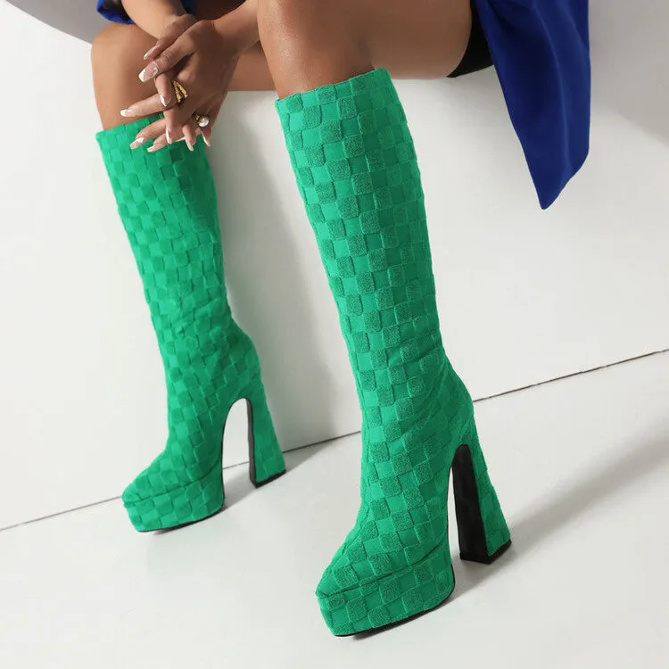 Women's Lattice Pointed Toe Chunky Heel Platform Knee High Boots