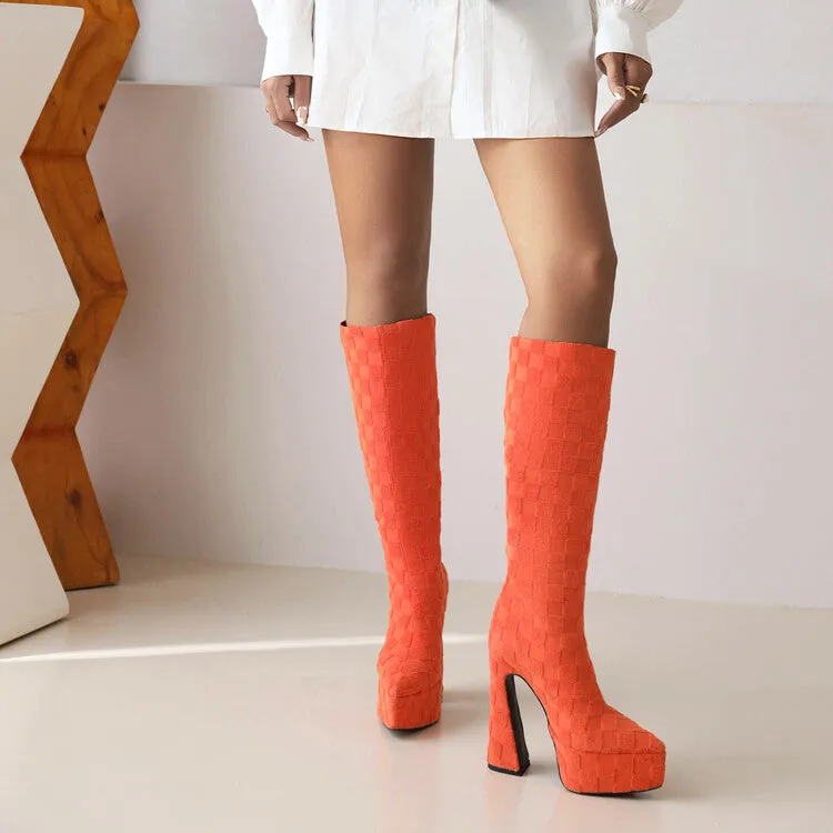 Women's Lattice Pointed Toe Chunky Heel Platform Knee High Boots