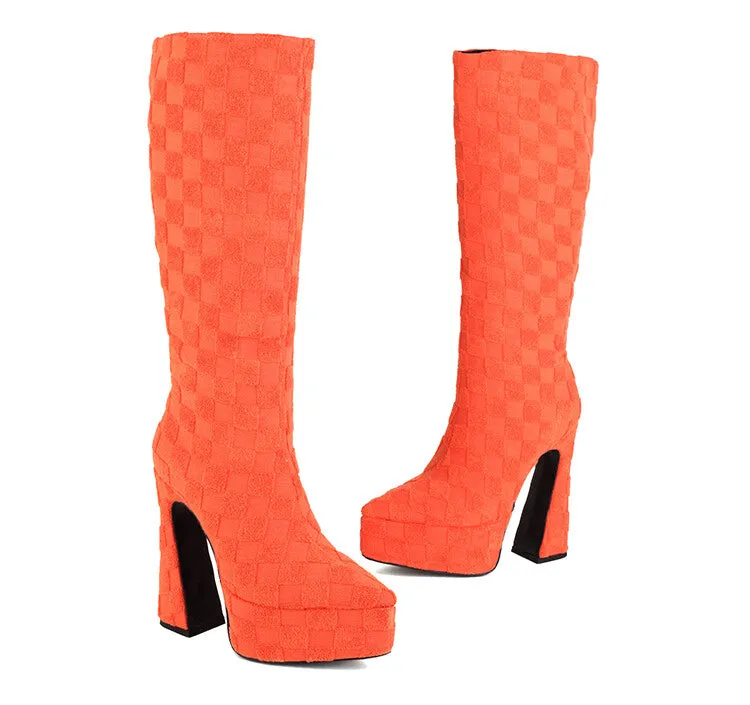 Women's Lattice Pointed Toe Chunky Heel Platform Knee High Boots