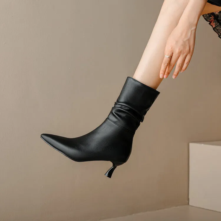 Women's Matte Pu Leather Pointed Toe Spool Heel Heel Ankle Boots