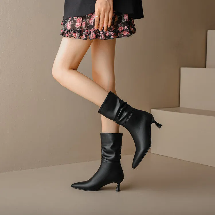 Women's Matte Pu Leather Pointed Toe Spool Heel Heel Ankle Boots