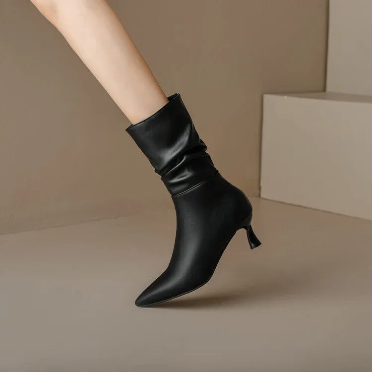 Women's Matte Pu Leather Pointed Toe Spool Heel Heel Ankle Boots