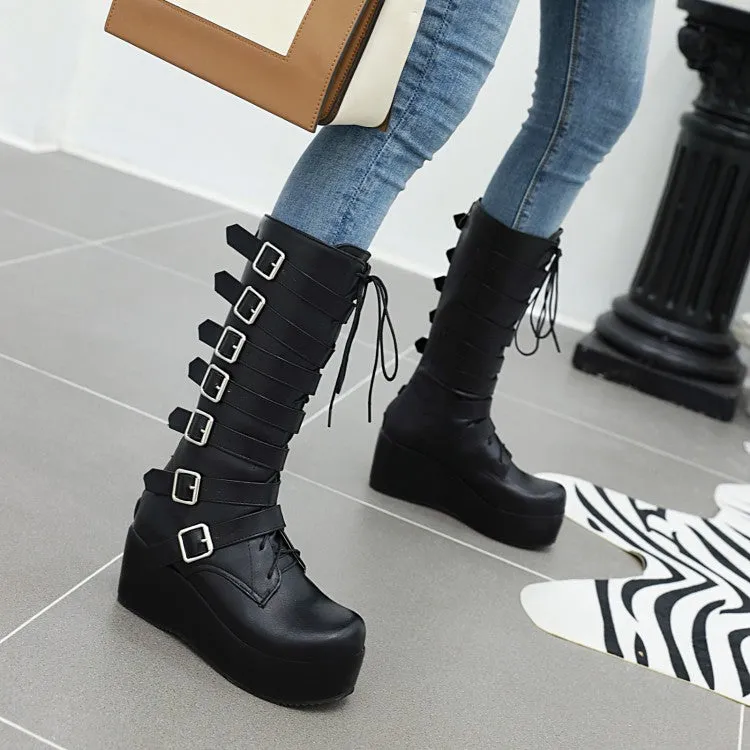 Women's Matte Pu Leather Round Toe Buckle Straps Wedge Heel Platform Mid-calf Boots