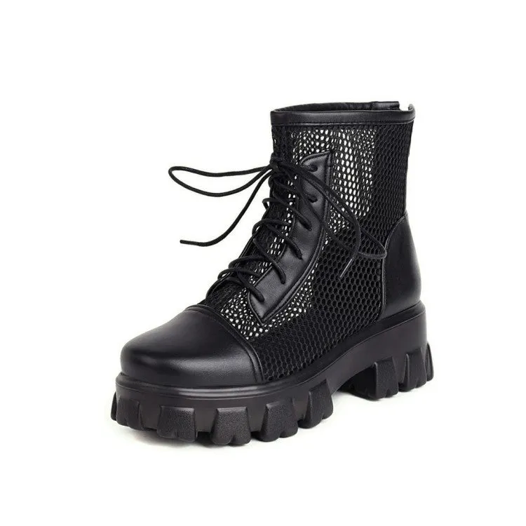 Women's Mesh Lace Up Back Zippers Block Chunky Heel Platform Short Boots