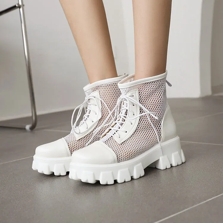 Women's Mesh Lace Up Back Zippers Block Chunky Heel Platform Short Boots