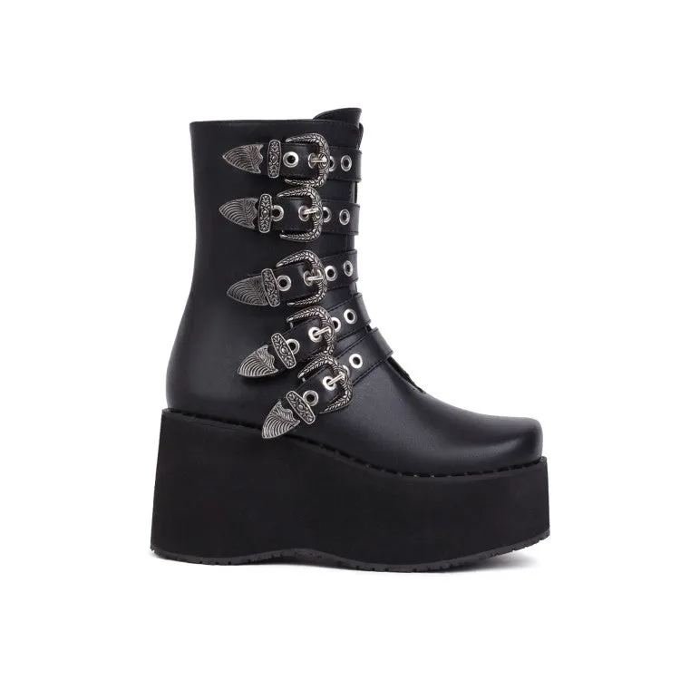 Women's Metal Buckle Straps Zipper Wedge Heel Platform Short Boots