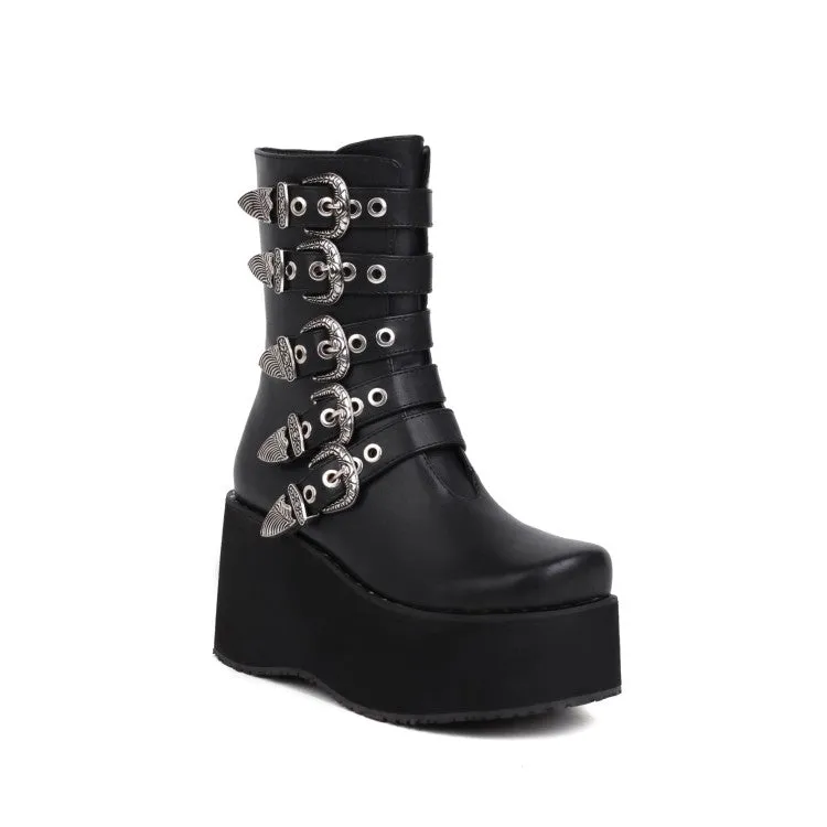 Women's Metal Buckle Straps Zipper Wedge Heel Platform Short Boots