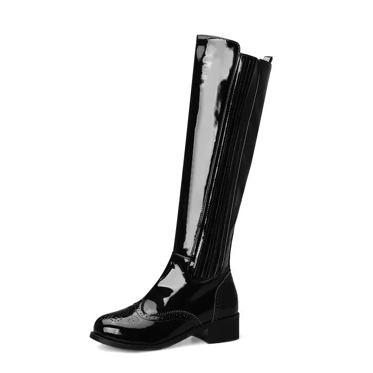 Women's Patent Round Toe Side Zippers Block Chunky Heel Platform Knee High Boots