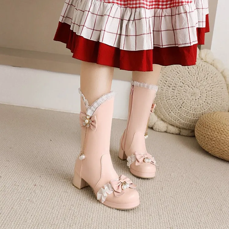 Women's Pearls Lace Bow Tie Block Chunky Heel Platform Knee-High Boots