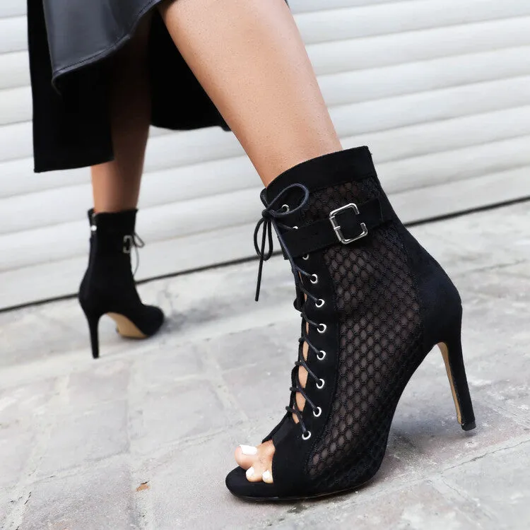 Women's Peep Toe Mesh Lace-Up Buckle Straps Stiletto Heel Ankle Boots