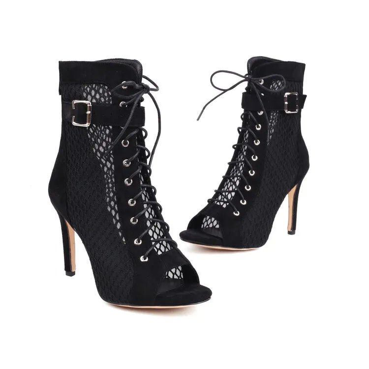 Women's Peep Toe Mesh Lace-Up Buckle Straps Stiletto Heel Ankle Boots