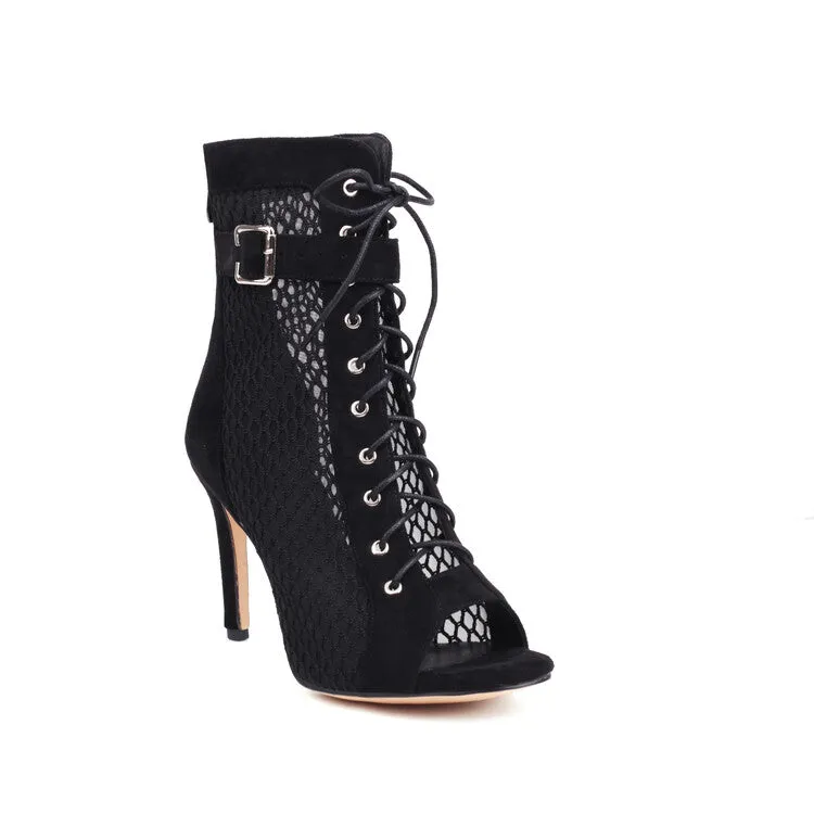 Women's Peep Toe Mesh Lace-Up Buckle Straps Stiletto Heel Ankle Boots