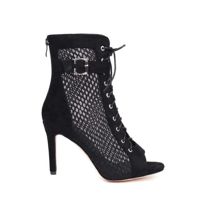 Women's Peep Toe Mesh Lace-Up Buckle Straps Stiletto Heel Ankle Boots