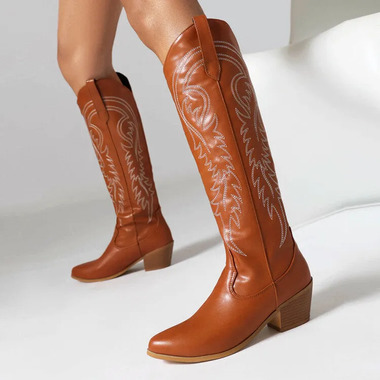 Women's Pointed Toe Beveled Heel Mid Calf Western Boots