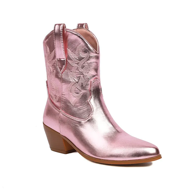 Women's Pointed Toe Beveled Heel Mid Calf Western Boots