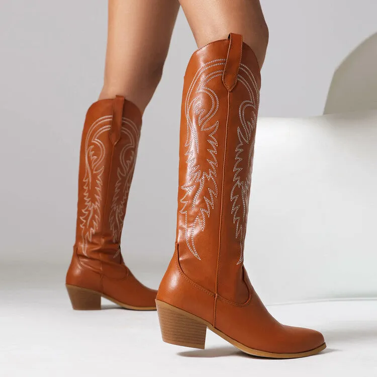 Women's Pointed Toe Beveled Heel Mid Calf Western Boots